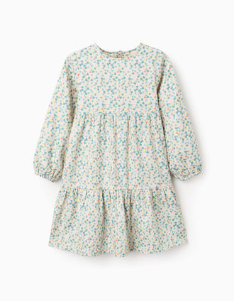 Vestido de manga larga de algodón con motivo floral para niña, beige