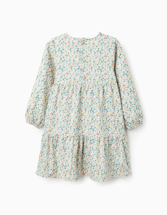 Vestido de manga larga de algodón con motivo floral para niña, beige