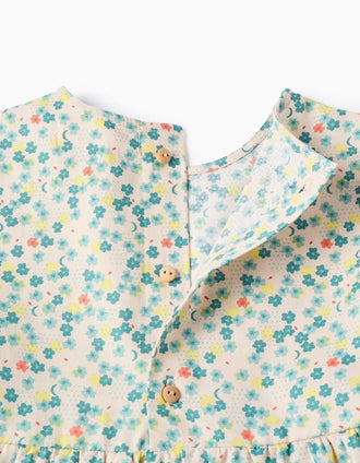 Vestido de manga larga de algodón con motivo floral para niña, beige