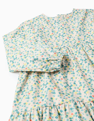 Vestido de manga larga de algodón con motivo floral para niña, beige