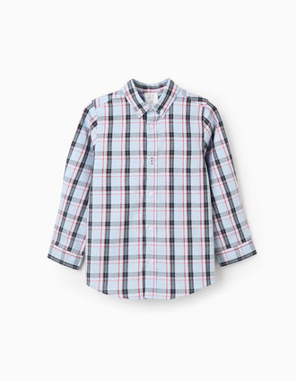 Camisa de Algodão com Xadrez para Menino, Azul/Vermelho/Preto/Verde