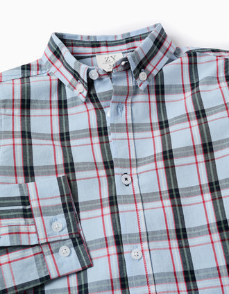 Camisa de Algodão com Xadrez para Menino, Azul/Vermelho/Preto/Verde