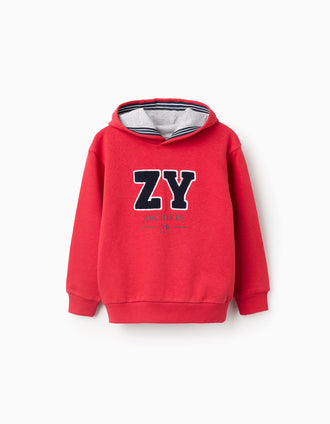 Sweat Cardada com Capuz para Menino 'ZY', Vermelho/Cinza