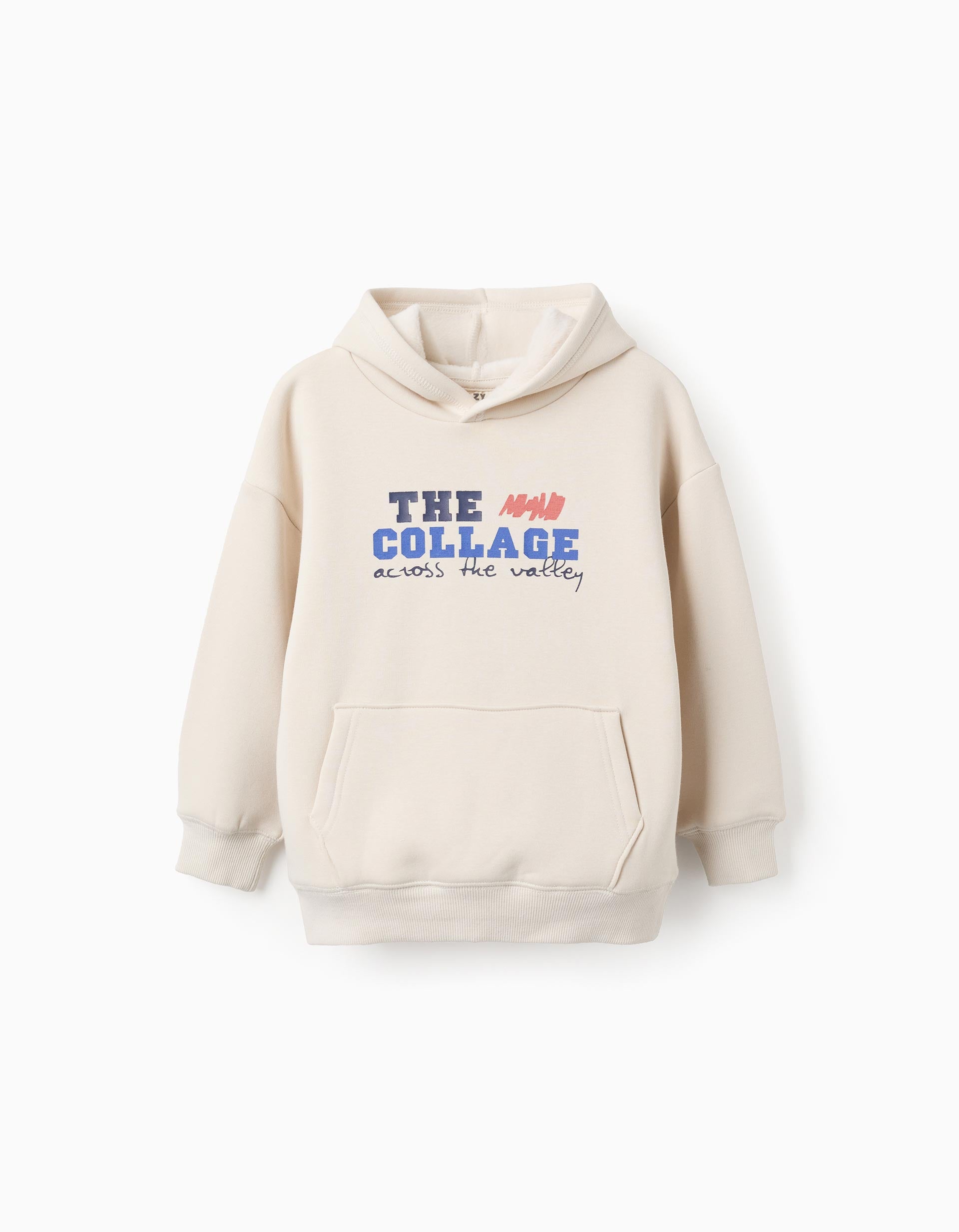 Sweat com forro polar térmico, capuz e estampado para menino, bege