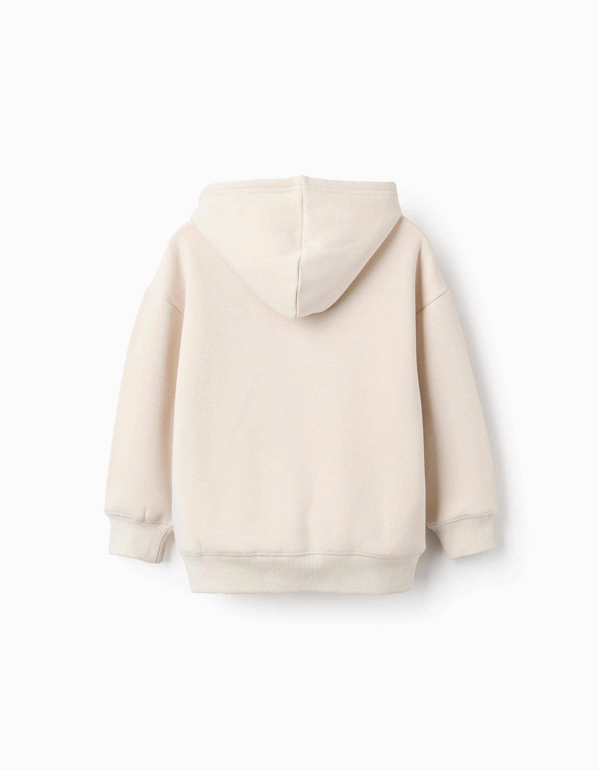 Sweat com forro polar térmico, capuz e estampado para menino, bege