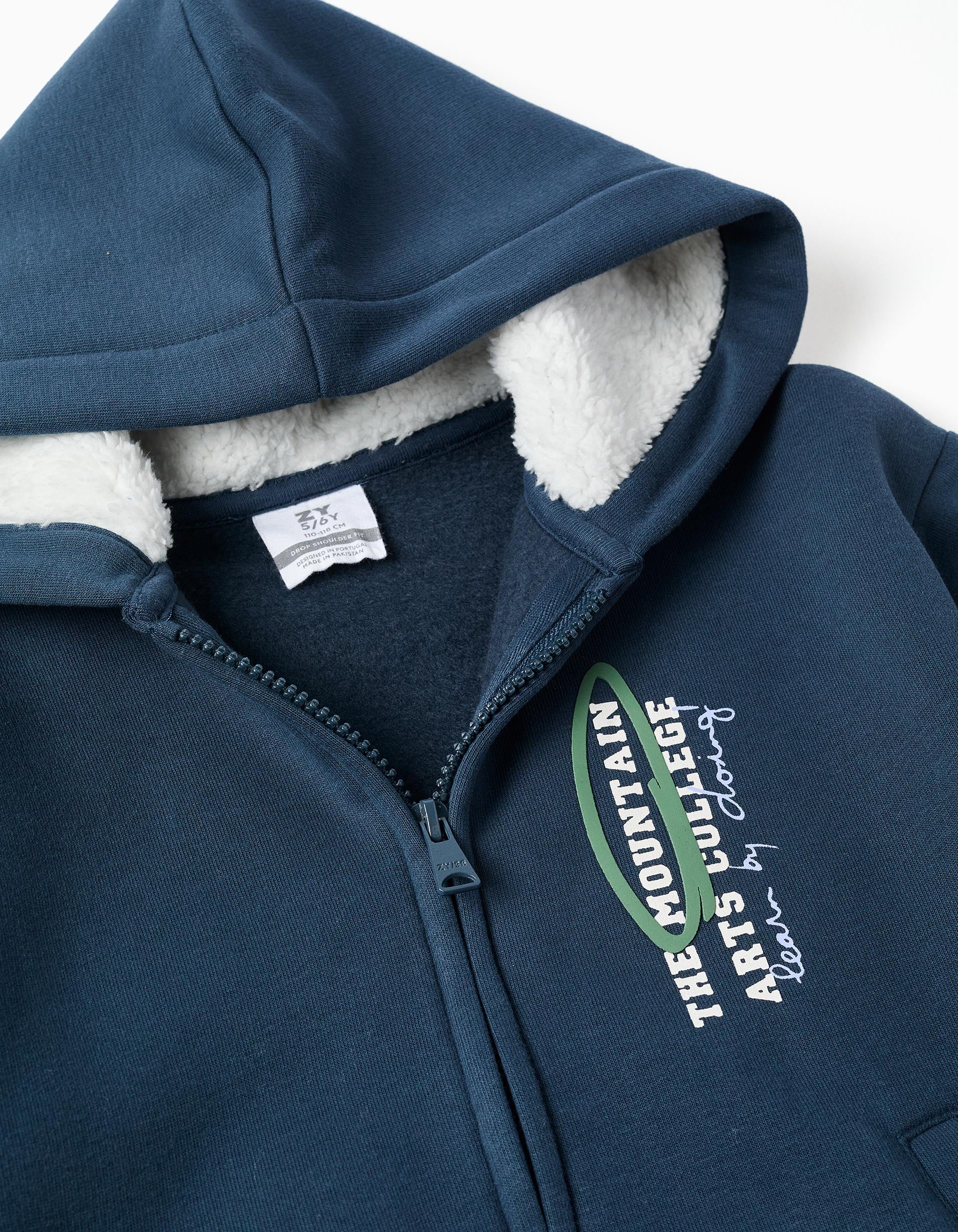 Casaco cardado com capuz com estampado 'Arts College' para menino, azul