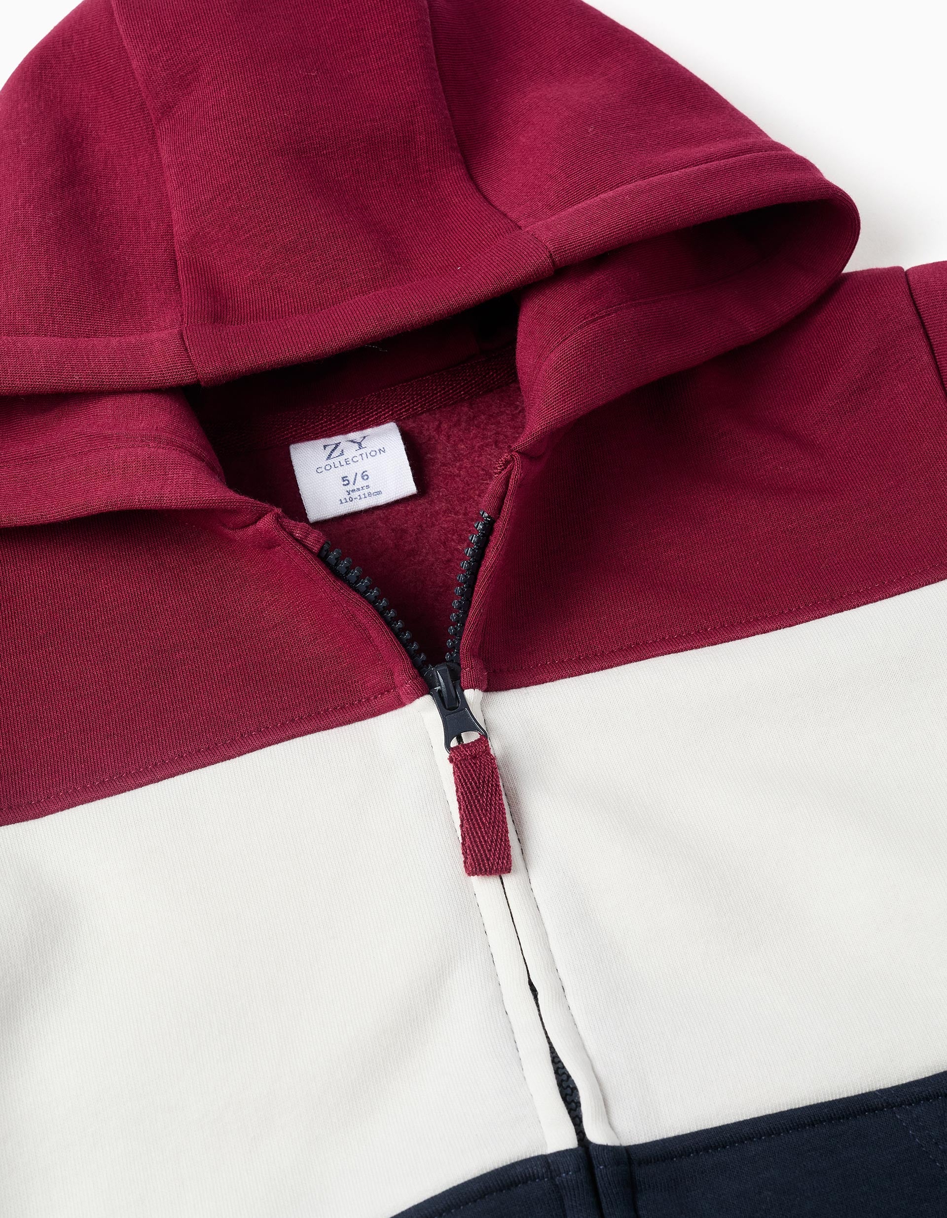 Brushed hooded jacket with colour block for boys, red/white/blue