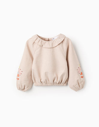 Blusa de Niña en Sarga con Volantes y Bordado de Flores, Beige
