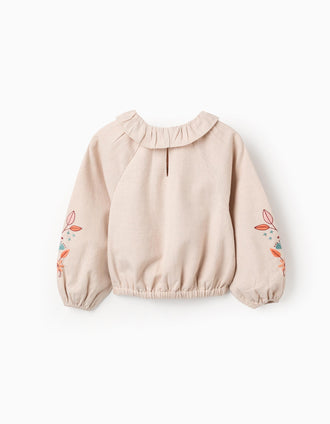 Blusa de Niña en Sarga con Volantes y Bordado de Flores, Beige