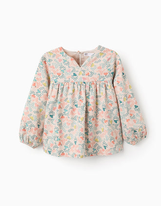 Túnica de Sarga con Motivo Floral de Colores para Niña, Beige