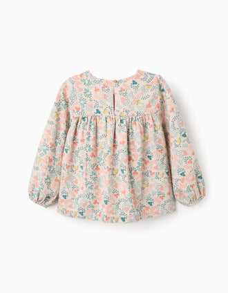 Túnica de Sarga con Motivo Floral de Colores para Niña, Beige