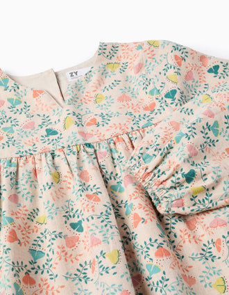 Túnica de Sarga con Motivo Floral de Colores para Niña, Beige