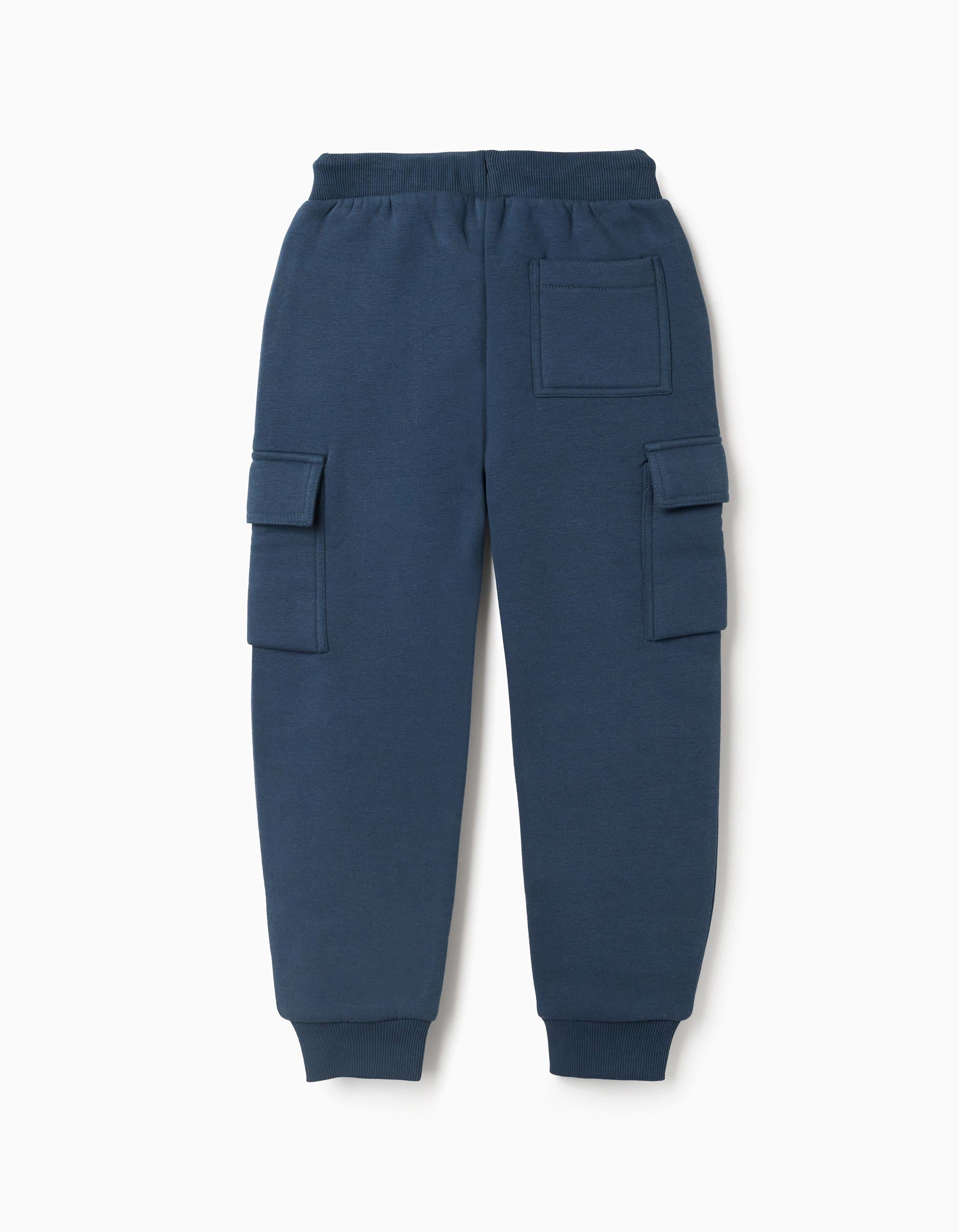 Joggers cardados com bolsos cargo e estampado para menino, azul-escuro