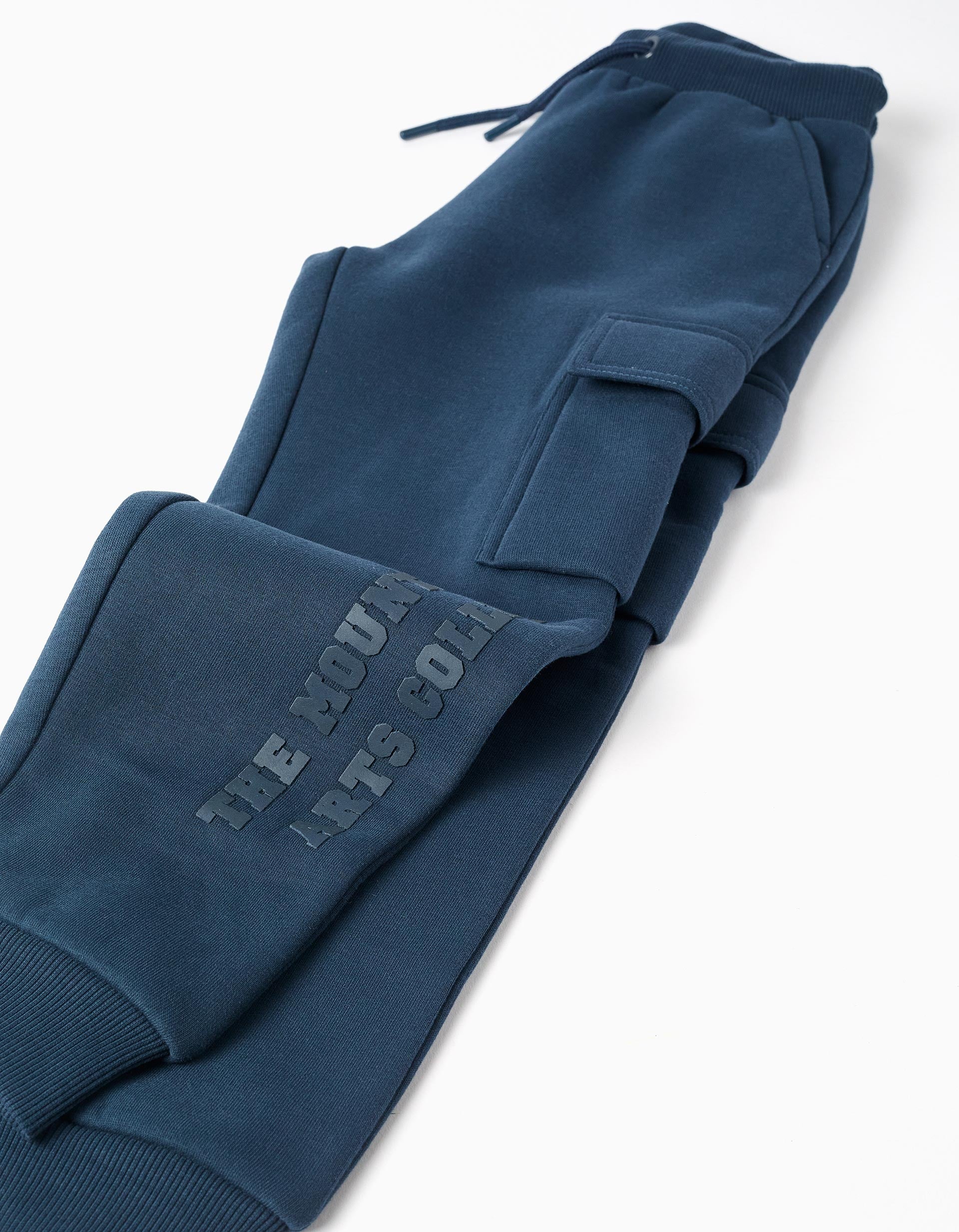 Joggers cardados com bolsos cargo e estampado para menino, azul-escuro