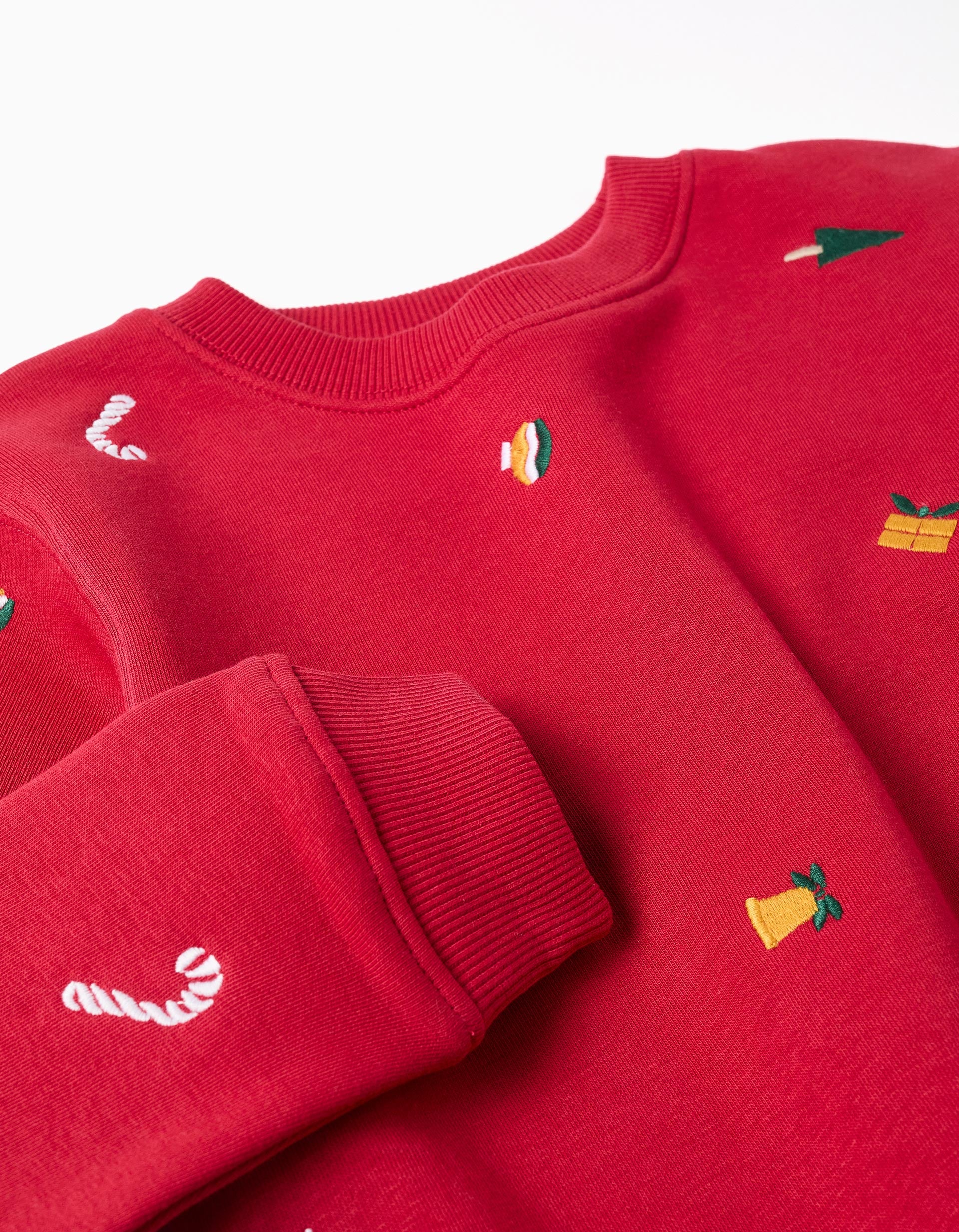 Brushed sweatshirt with Christmas embroidery for boys, red