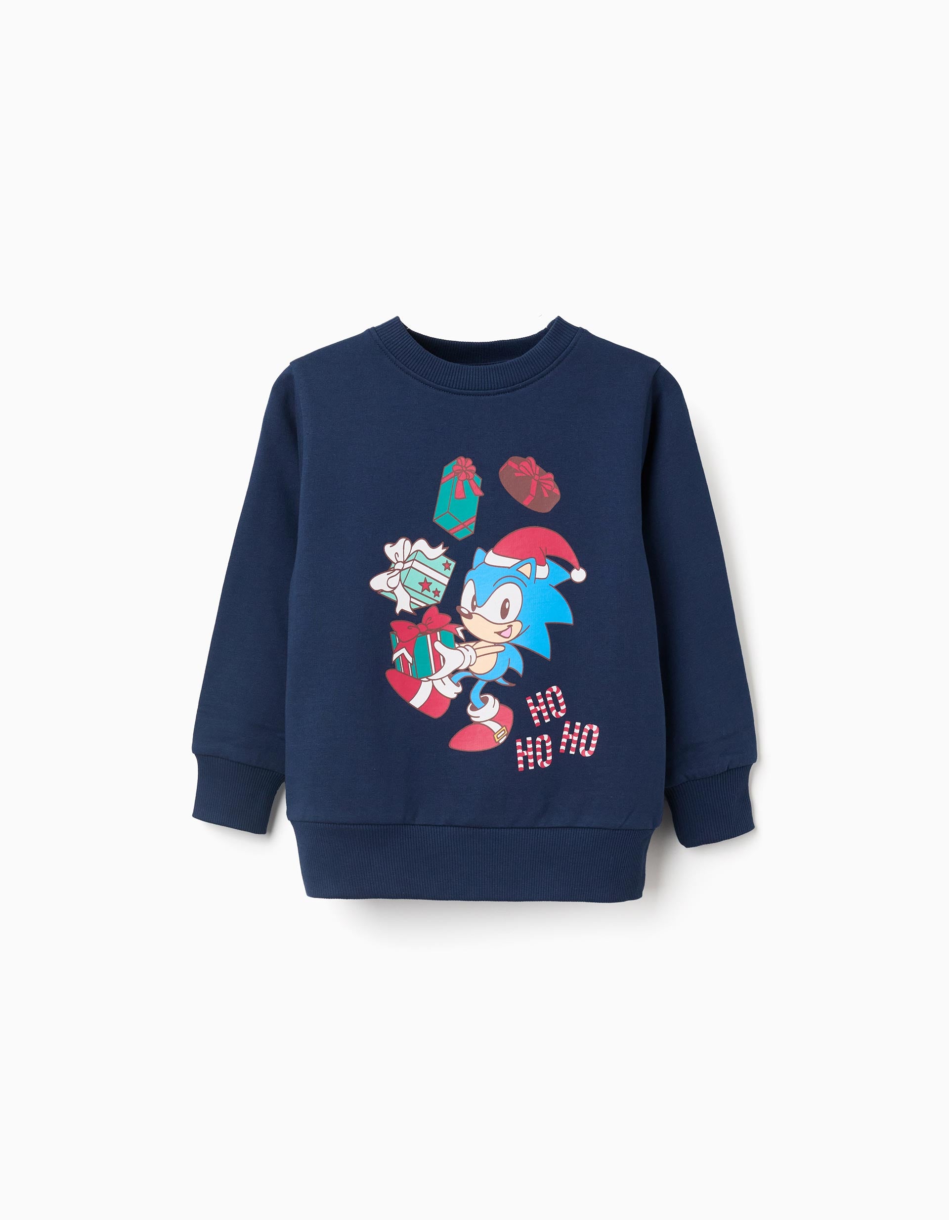 Cotton Brushed Sweatshirt with Sonic Print for Boys, Dark Blue