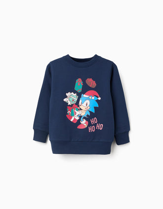 Sweat de Algodão Cardada com Estampado Sonic para Menino, Azul-Escuro