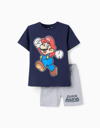 Pyjama Court en Coton pour Garçon 'Super Mario', Bleu/Gris