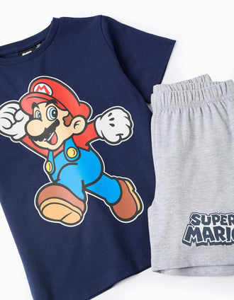 Pyjama Court en Coton pour Garçon 'Super Mario', Bleu/Gris