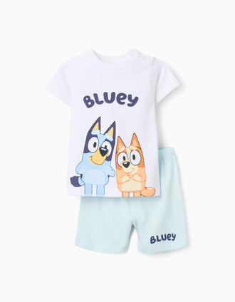 Pijama Curto de Algodão para Bebé Menino 'Bluey & Bingo', Branco/Azul