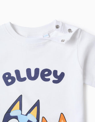 Pijama Curto de Algodão para Bebé Menino 'Bluey & Bingo', Branco/Azul