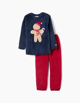 Pijama de peluche com bordado de Natal para criança, azul-escuro/vermelho