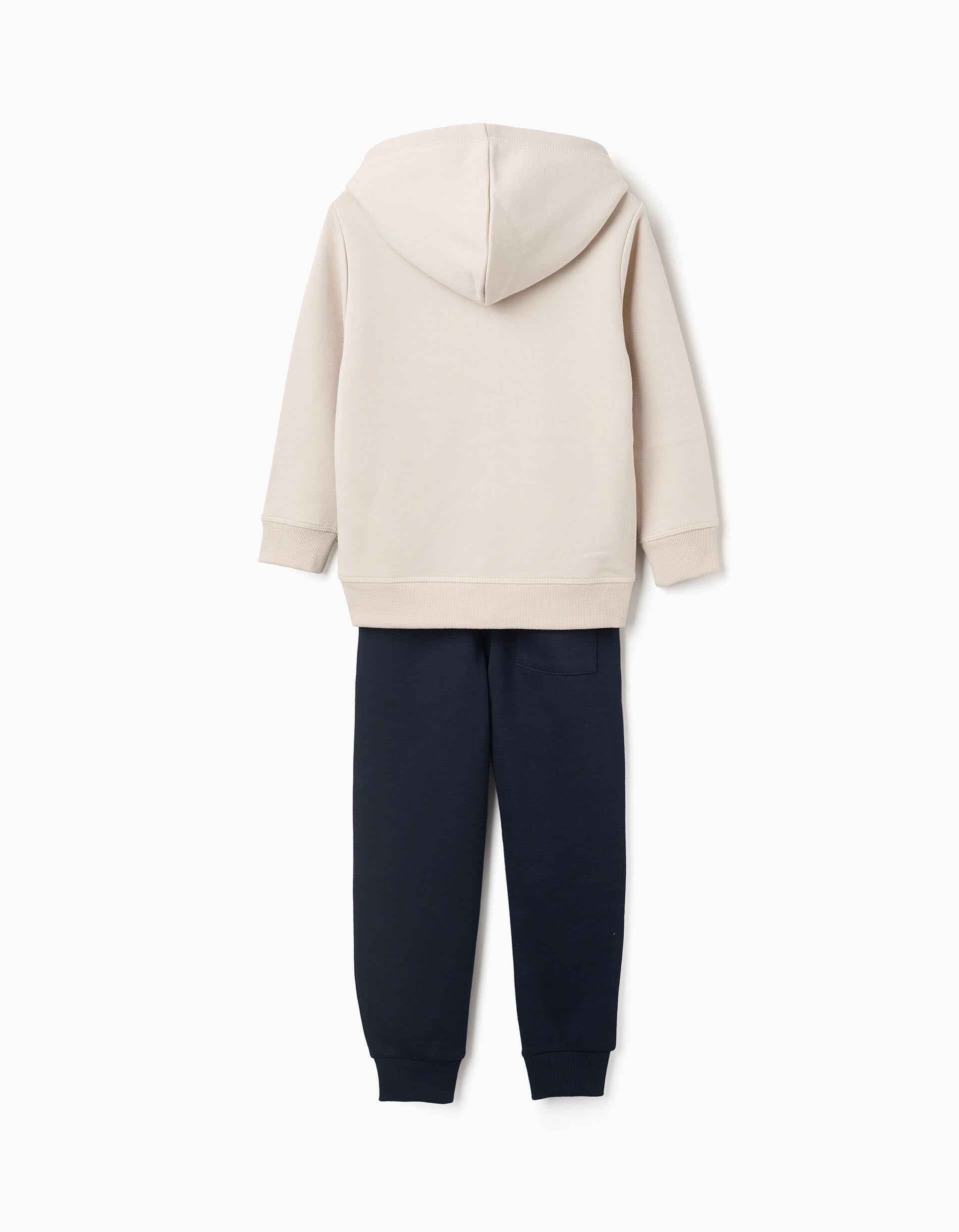 Casaco com capuz + joggers cardados para menino, bege/azul-escuro