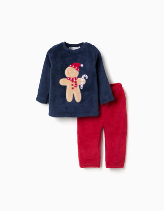 Pijama de peluche com bordado de Natal para bebé, azul-escuro/vermelho