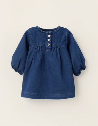 Denim Dress with Ruffled Cuffs for Newborns, Blue