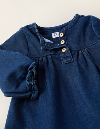 Denim Dress with Ruffled Cuffs for Newborns, Blue