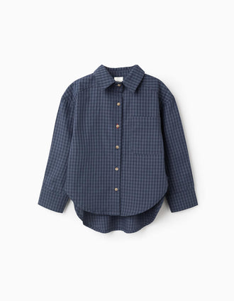 Camisa Vichy Loose Fit para Niña, Azul Oscuro