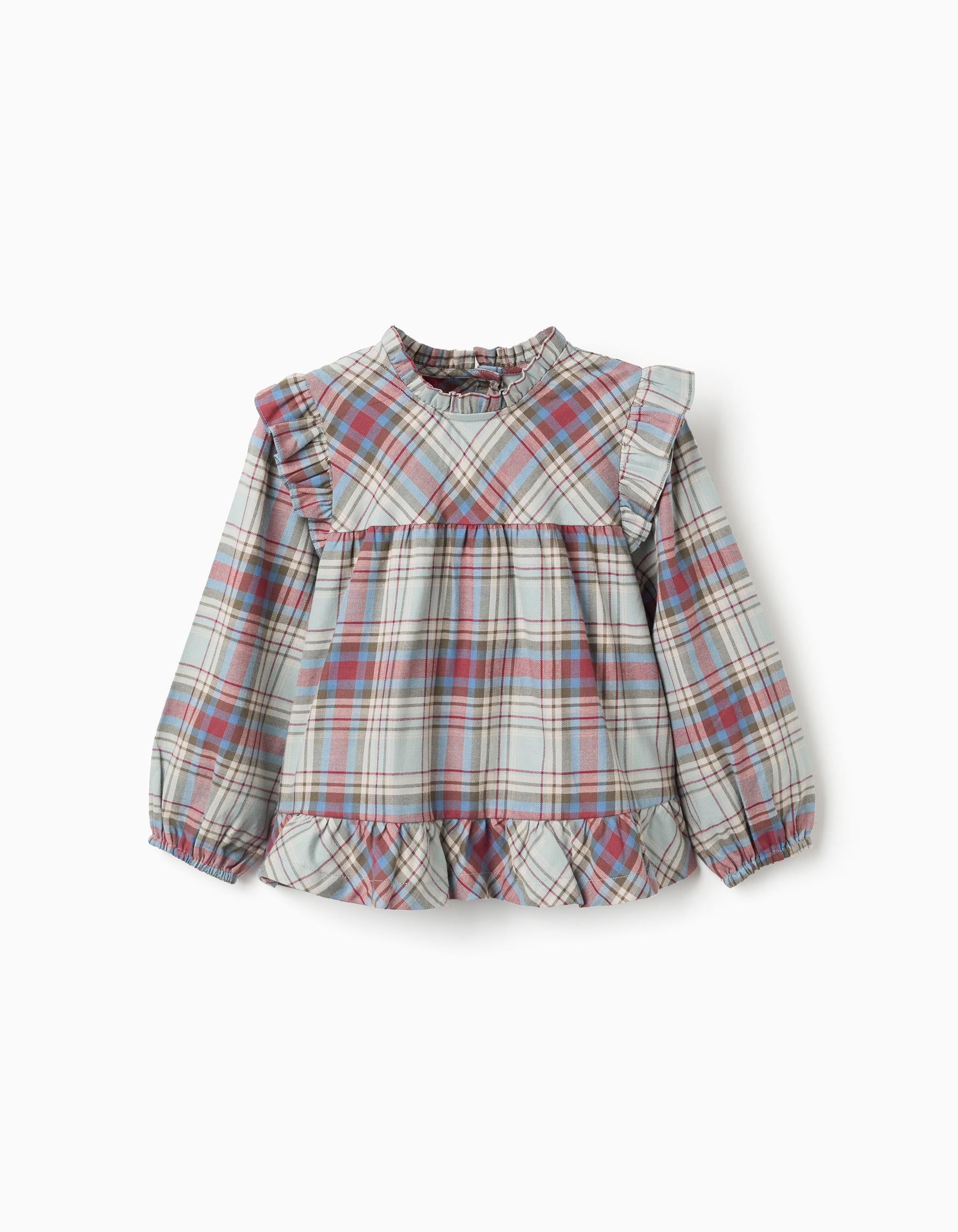 Cotton blouse with ruffles and check 'B&S' for girls, multicolour