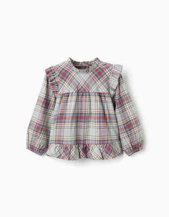 Blusa de algodón con volantes y cuadros 'B&S' para niña, multicolor