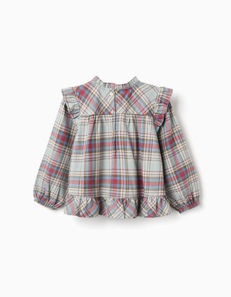 Blusa de algodón con volantes y cuadros 'B&S' para niña, multicolor