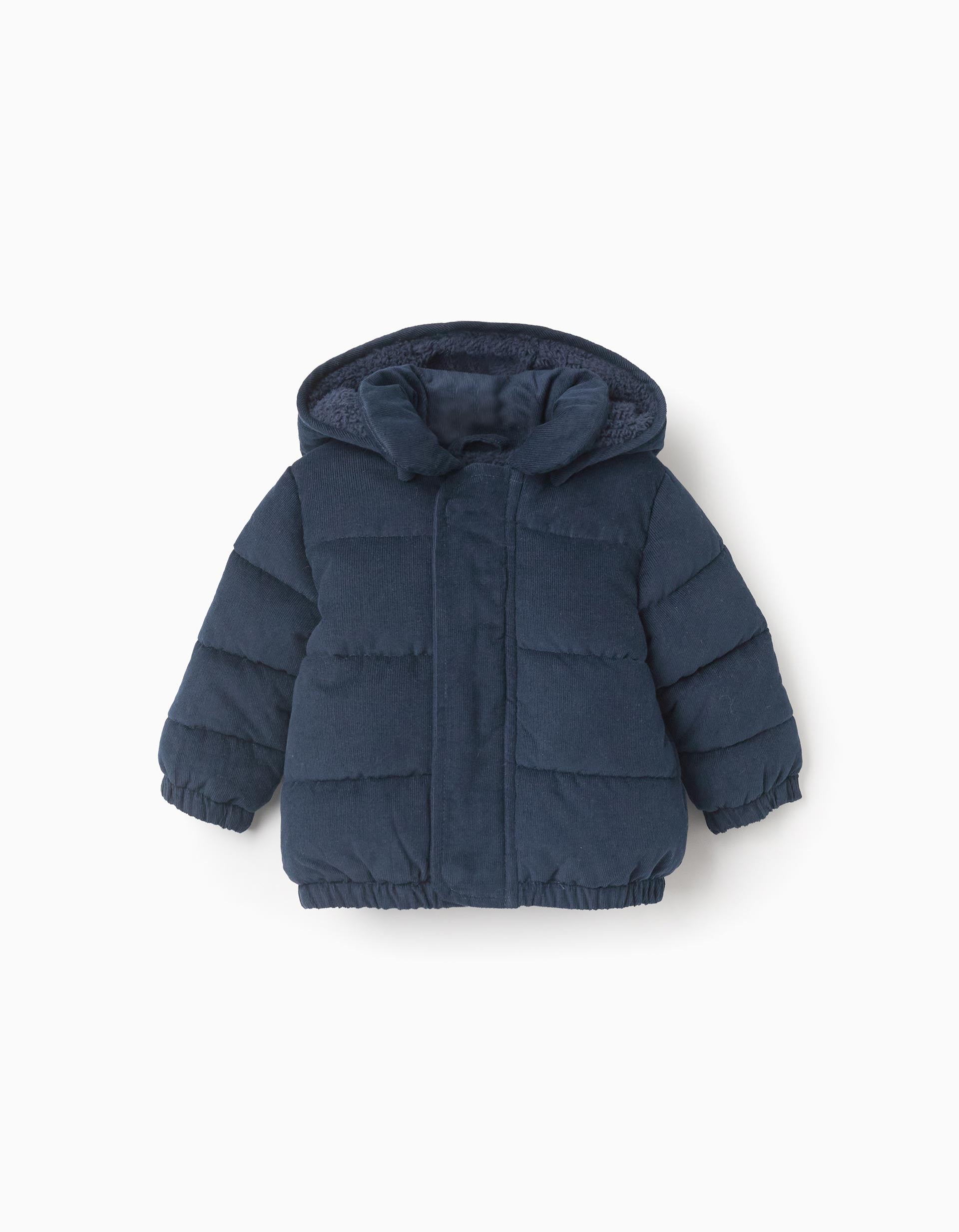 Quilted Corduroy Hooded Jacket for Newborn Boys, Dark Blue