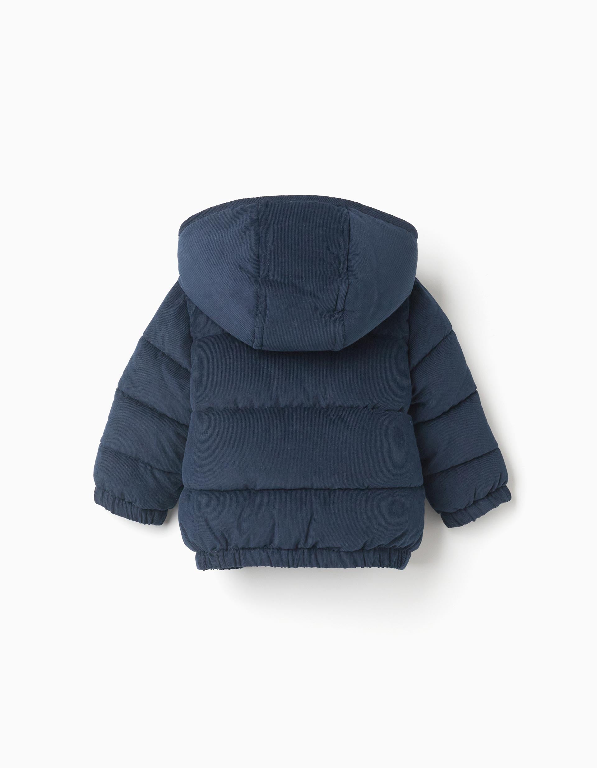 Quilted Corduroy Hooded Jacket for Newborn Boys, Dark Blue