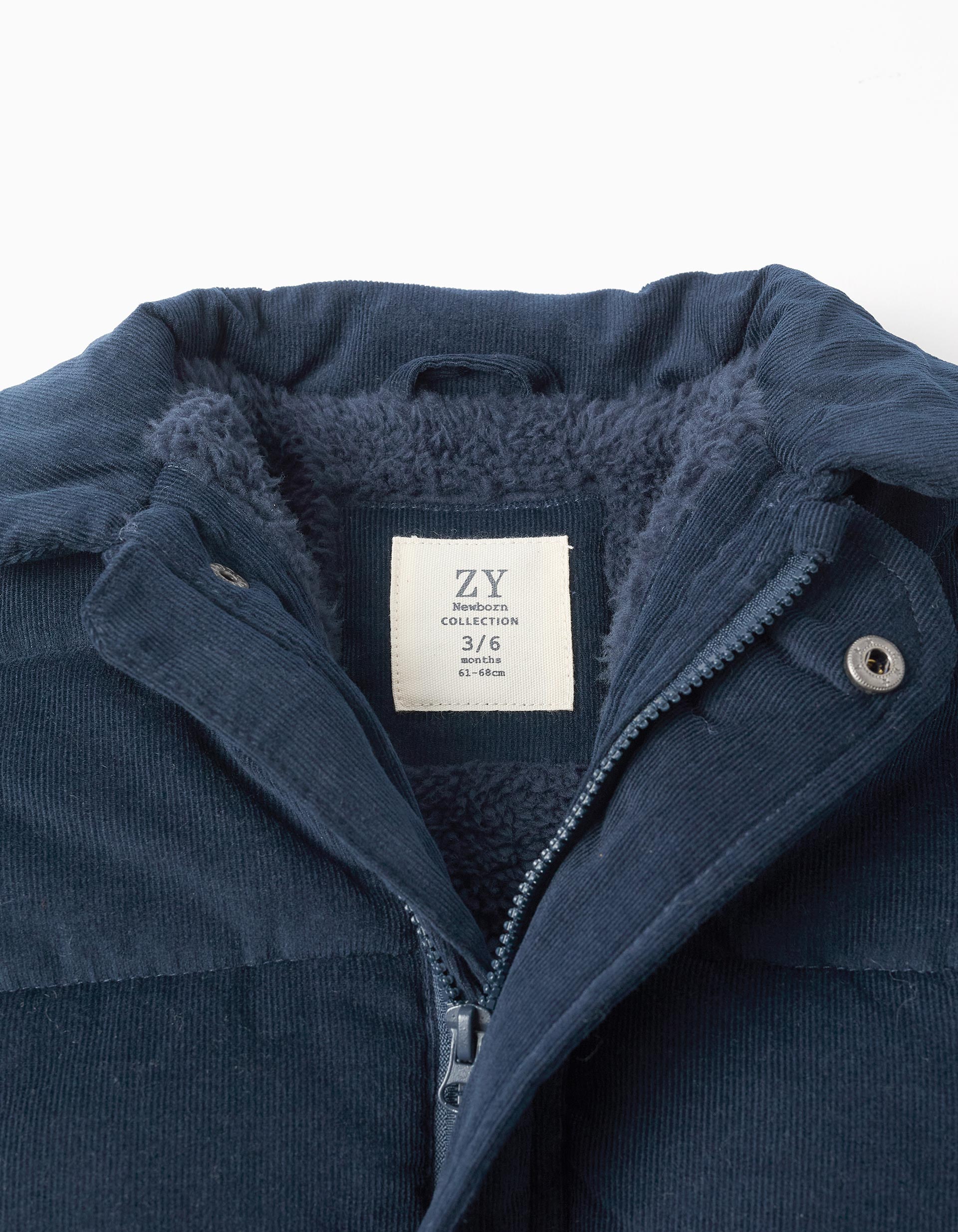 Quilted Corduroy Hooded Jacket for Newborn Boys, Dark Blue