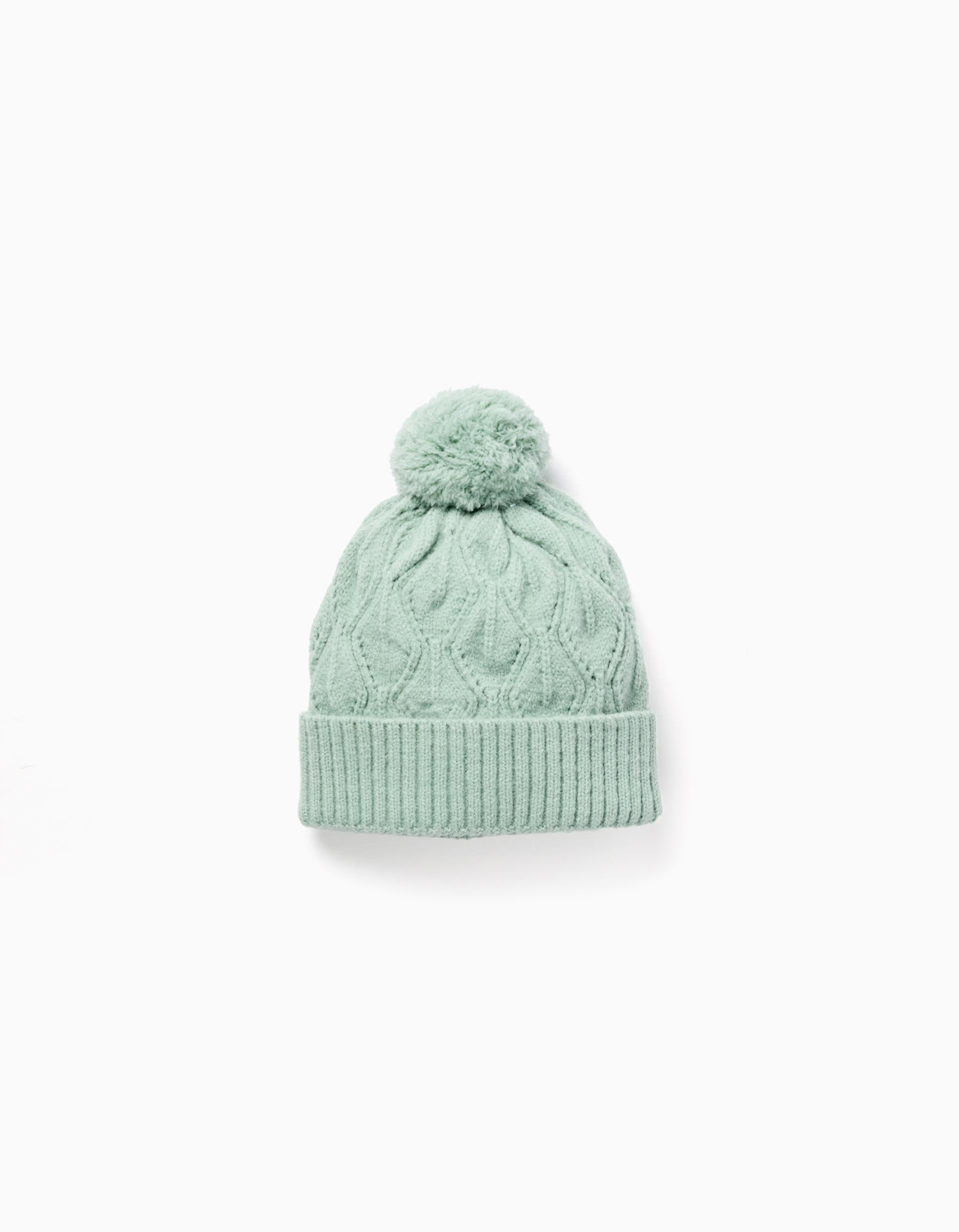 Gorro de malha entrançada com pompom para menina, verde-claro