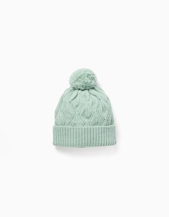 Gorro de punto trenzado con pompón para niña, verde claro