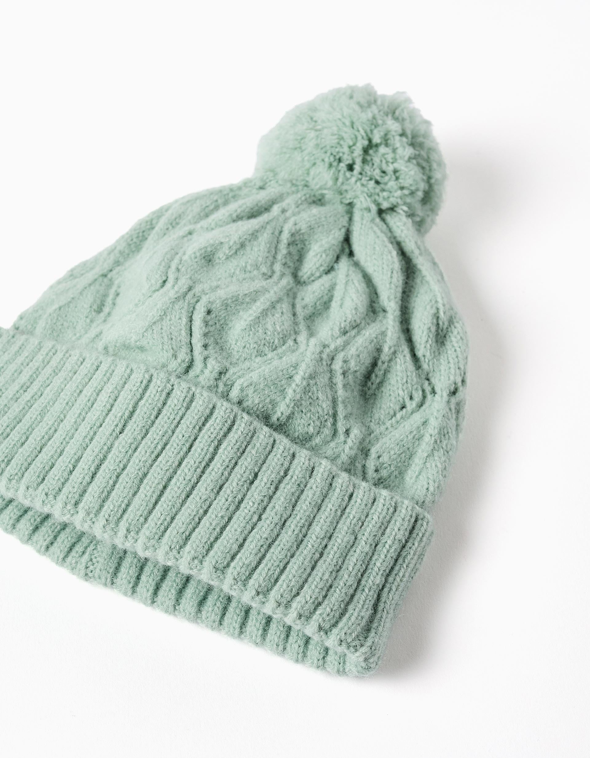 Gorro de malha entrançada com pompom para menina, verde-claro