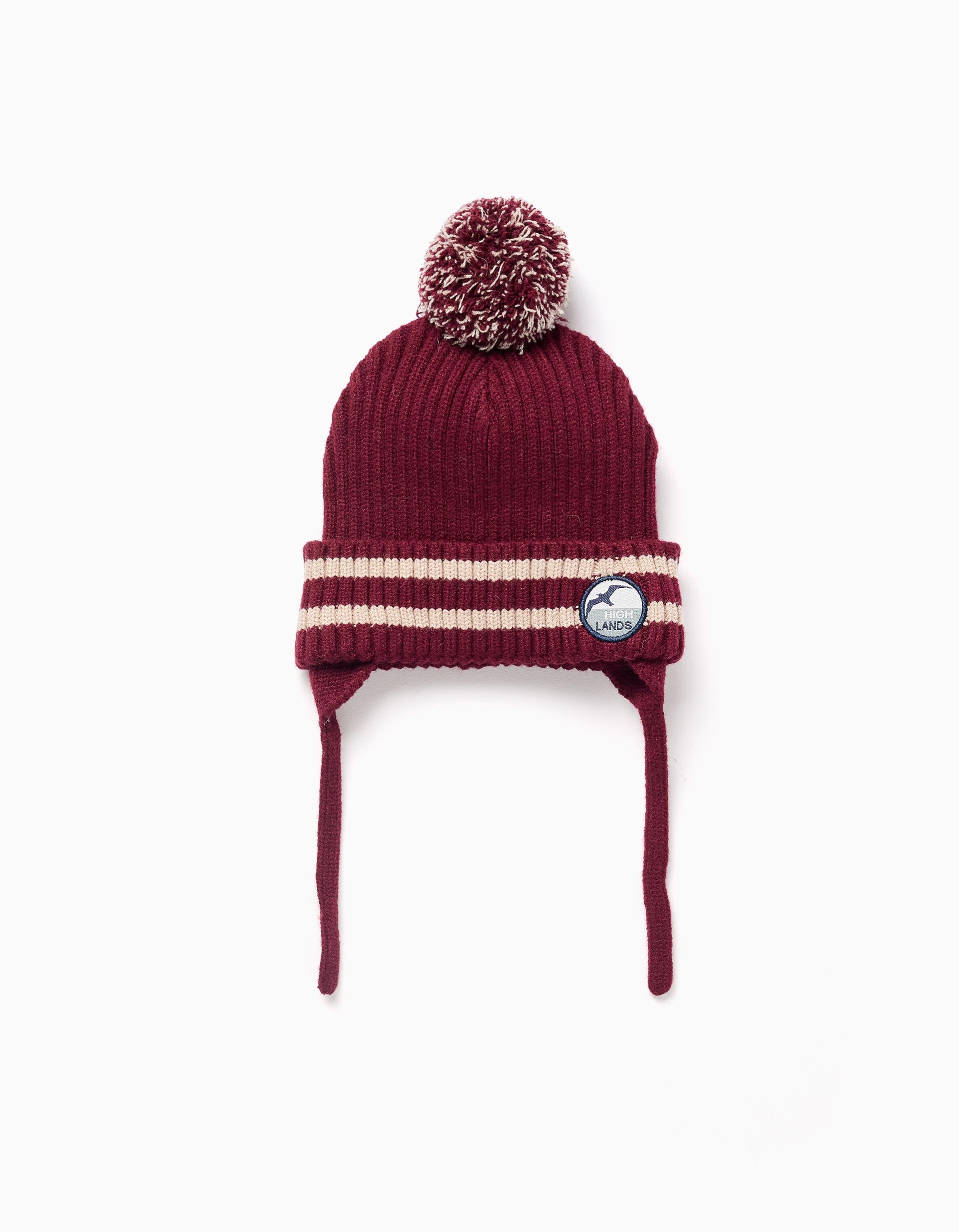 Knitted beanie with side straps and pompom for baby boys, dark red