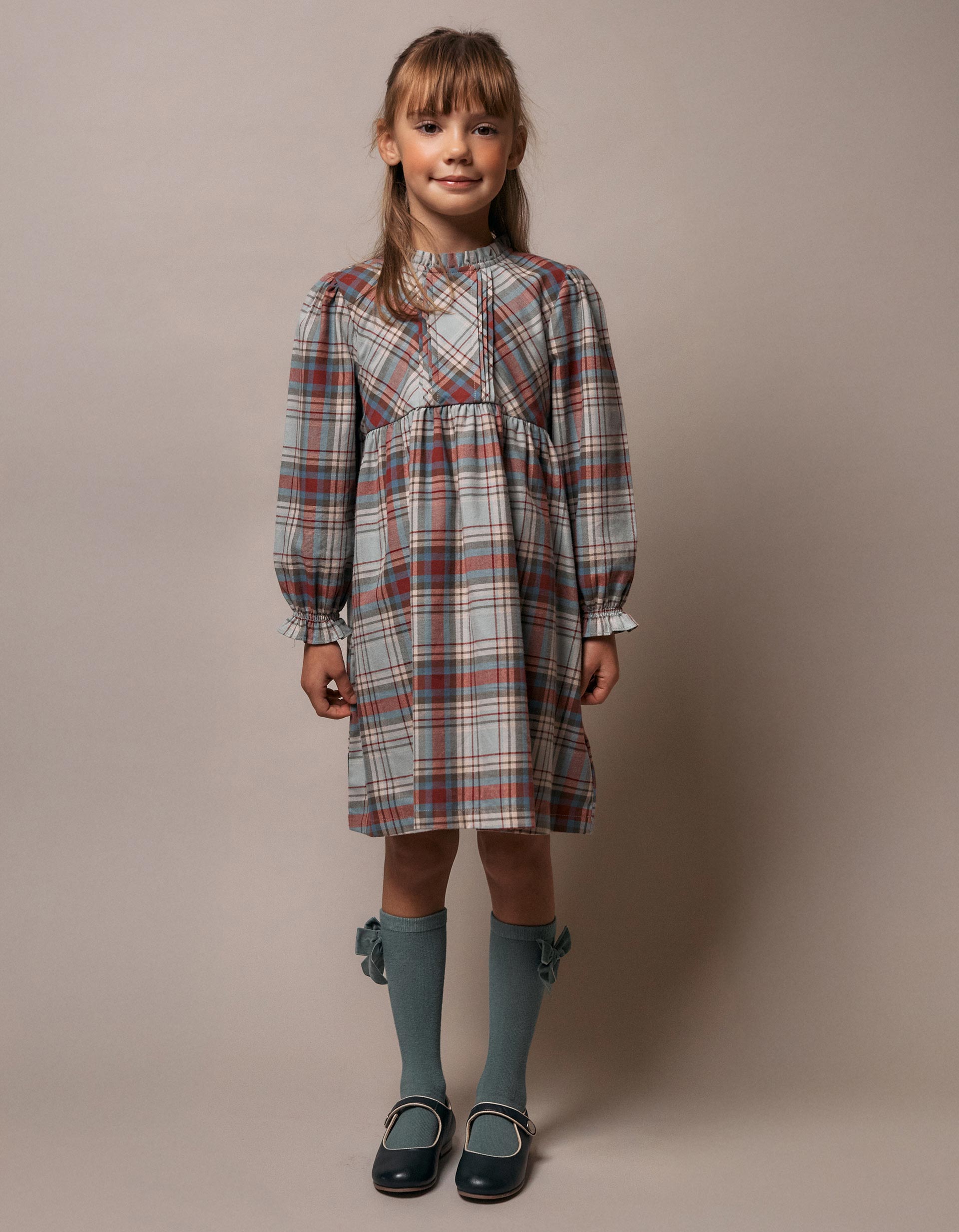 Cotton dress with ruffles and check 'B&S' for girls, multicolour