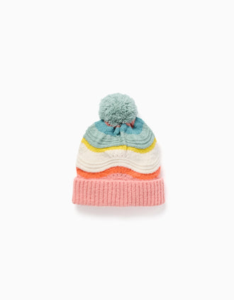 Gorro de punto con jacquard y pompón para niña, multicolor