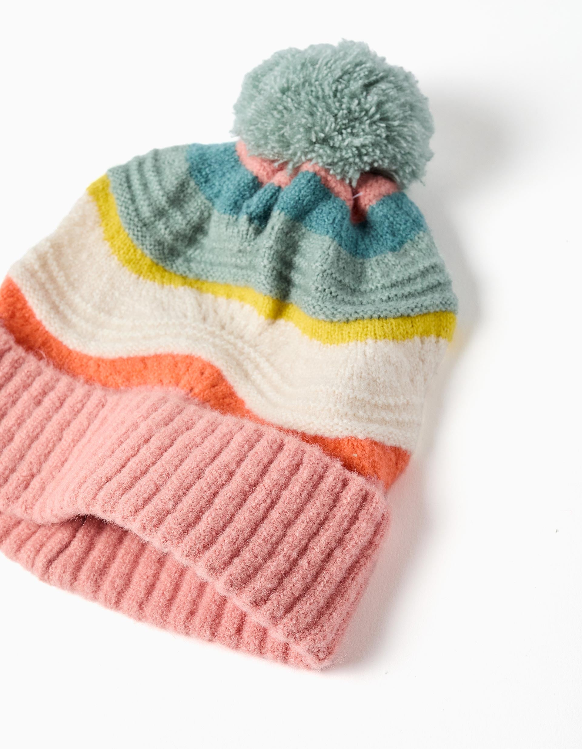 Gorro de malha com jacquard e pompom para menina, multicolor