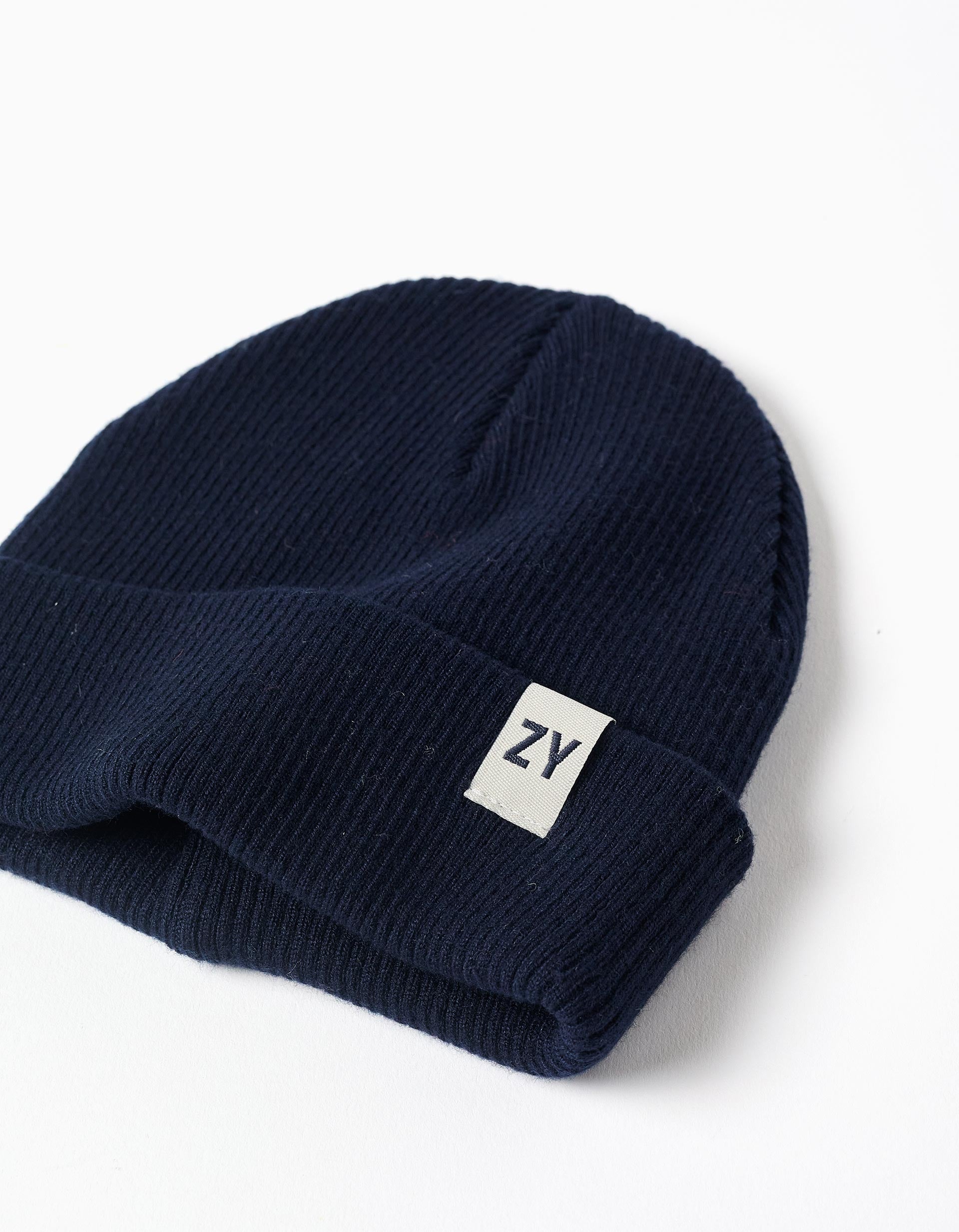 Ribbed beanie in flexible knit for boys, dark blue