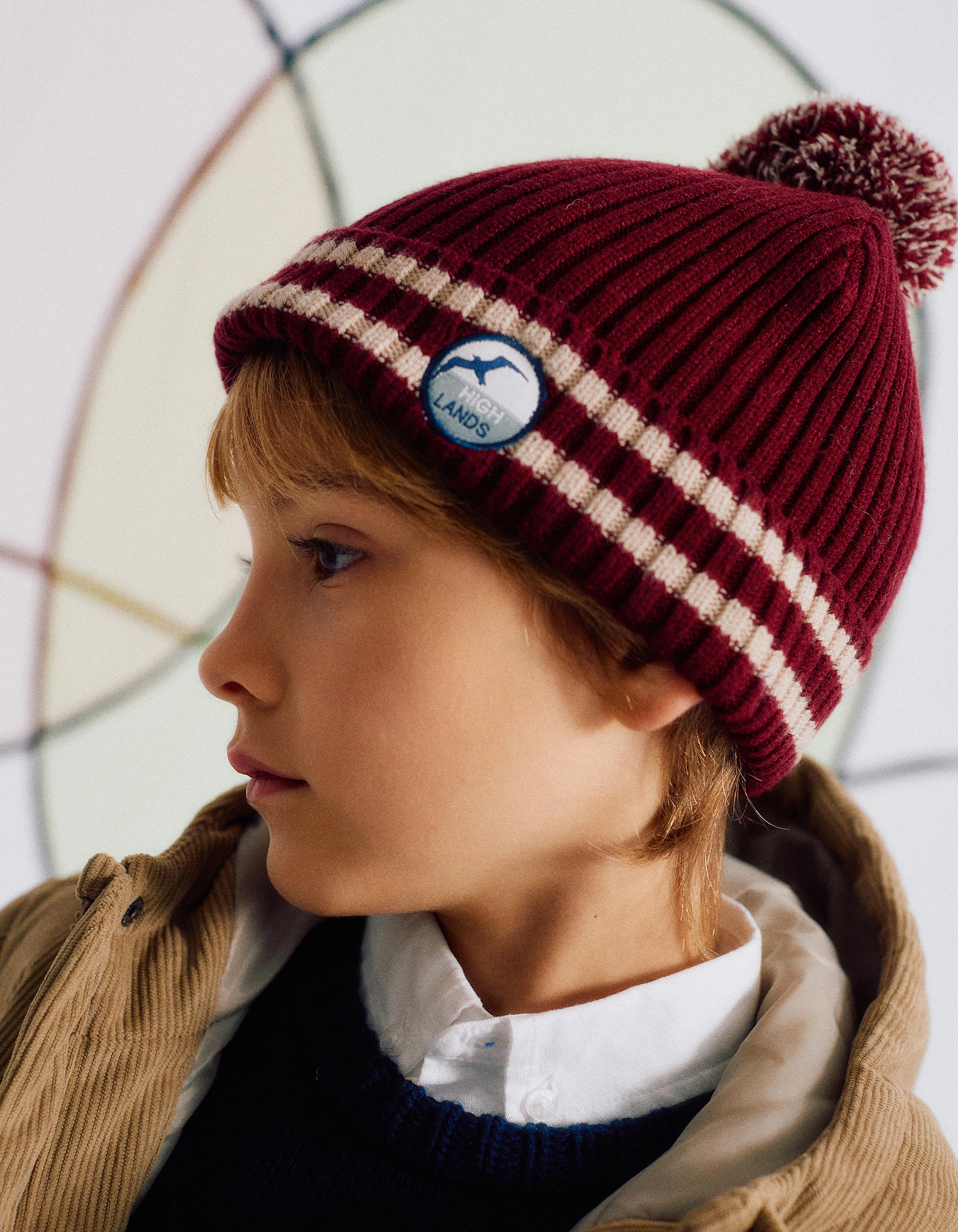 Ribbed knit beanie with pompom for boys, dark red