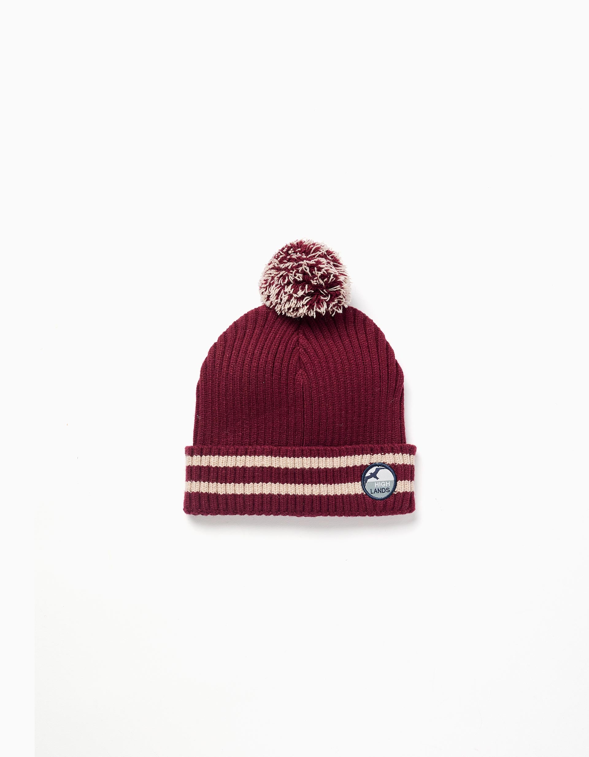 Ribbed knit beanie with pompom for boys, dark red
