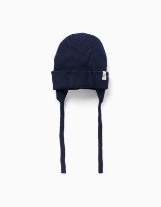 Gorro de malha com tiras laterais para bebé menino, azul-escuro