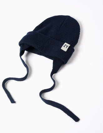 Gorro de malha com tiras laterais para bebé menino, azul-escuro