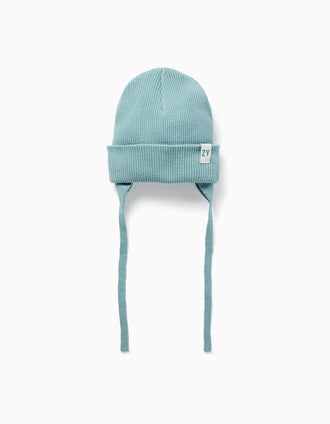Gorro de malha com tiras laterais para bebé menino, azul-esverdeado